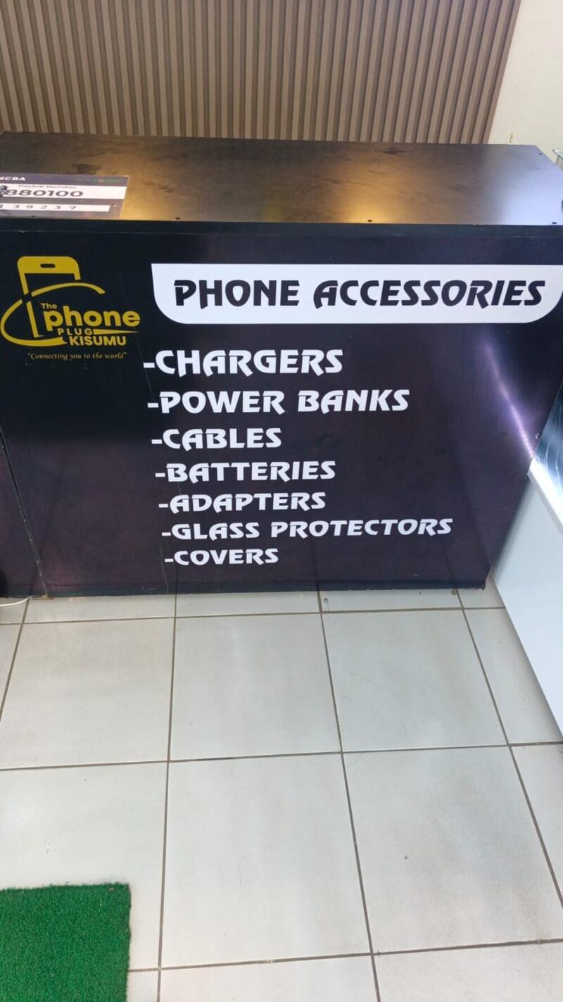 Phone accessories board listing chargers, power banks, cables and more